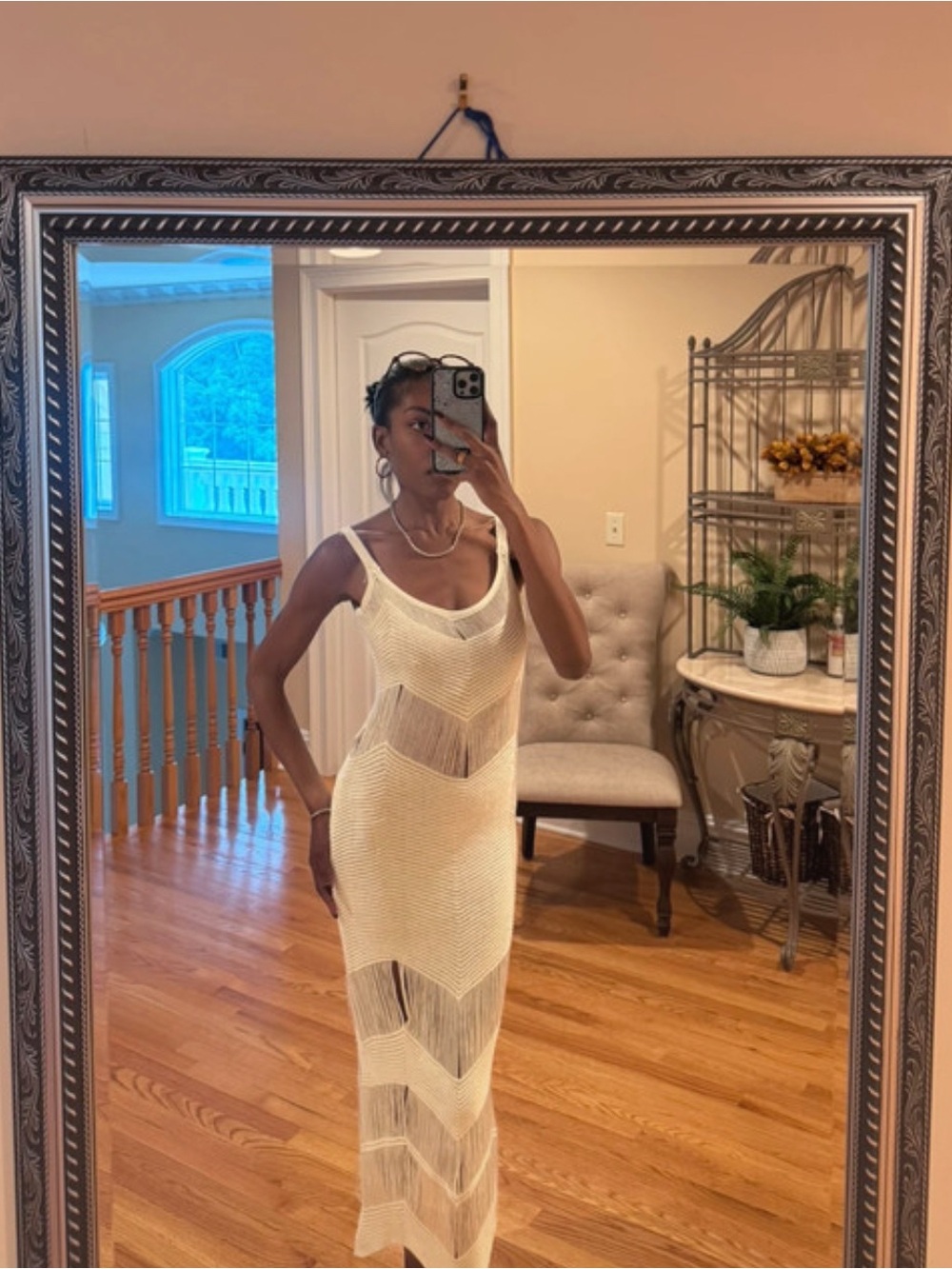 Fashion Nova Cream Sheer Chevron Maxi Dress